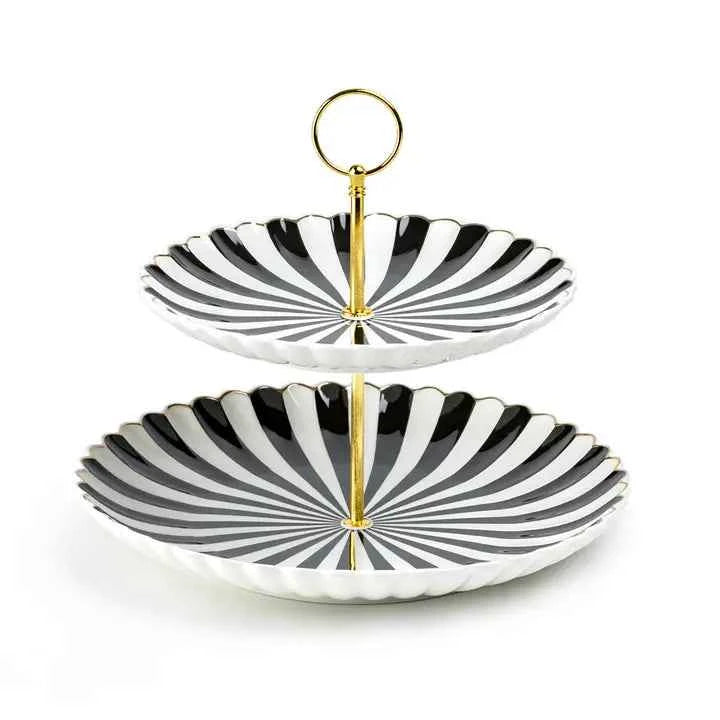 Black White Scallop Fine Porcelain 2-Tier Server