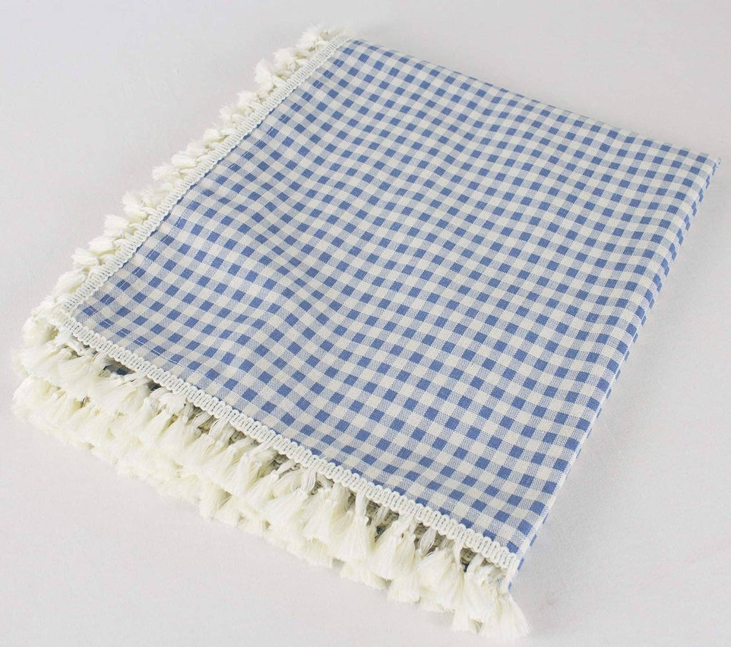 French Blue Rustic Gingham Tasseled Cotton Blend Tablecloth