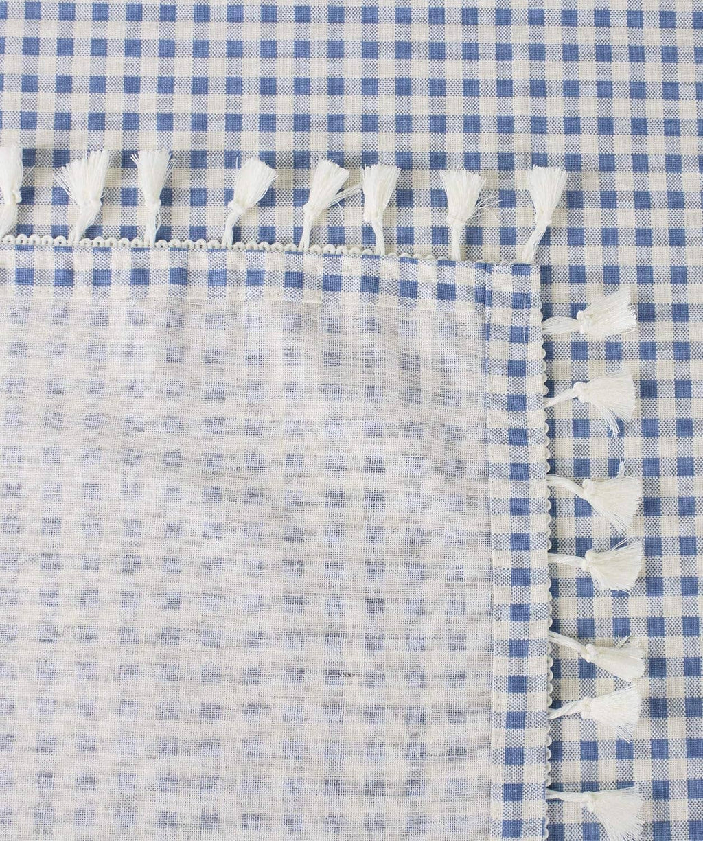 French Blue Rustic Gingham Tasseled Cotton Blend Tablecloth