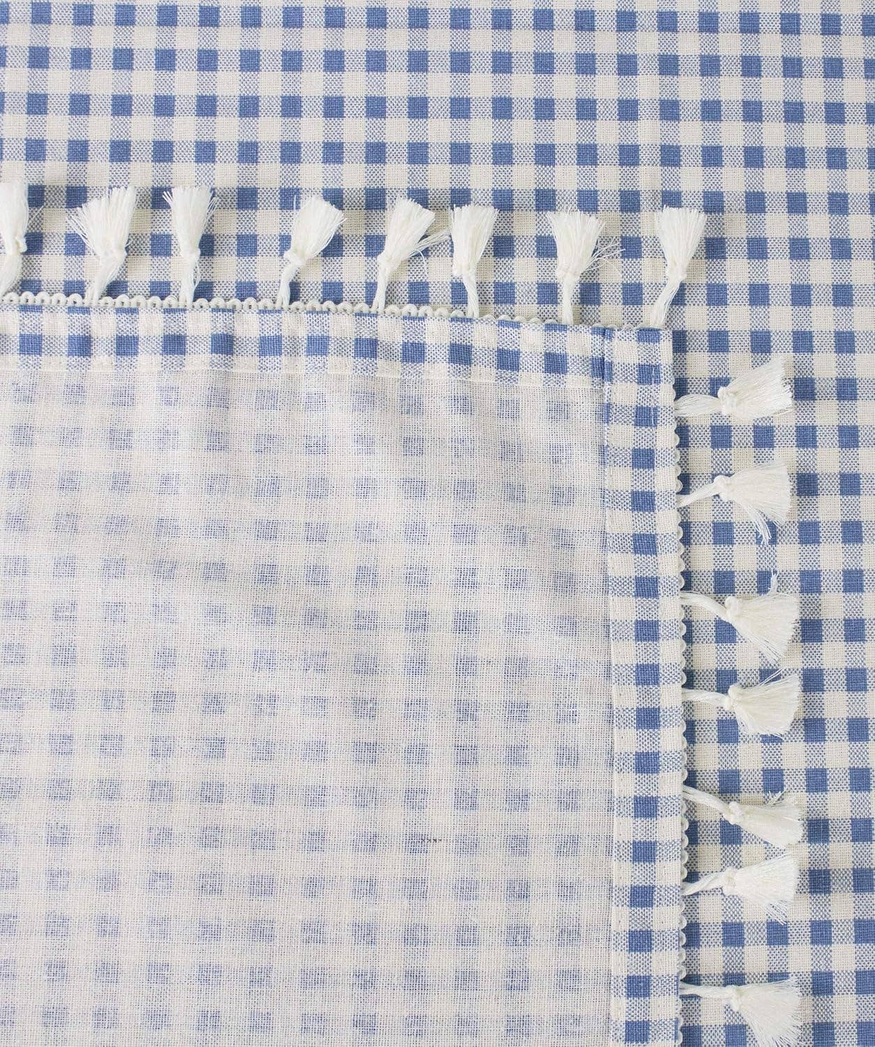French Blue Rustic Gingham Tasseled Cotton Blend Tablecloth