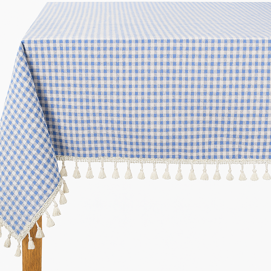 French Blue Rustic Gingham Tasseled Cotton Blend Tablecloth