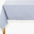 French Blue Rustic Gingham Tasseled Cotton Blend Tablecloth