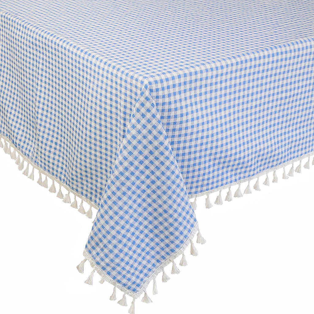 French Blue Rustic Gingham Tasseled Cotton Blend Tablecloth