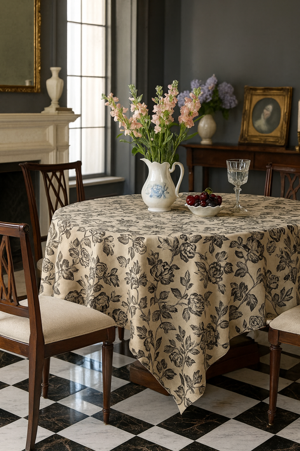 Black Rose Flower Beige Tablecloth