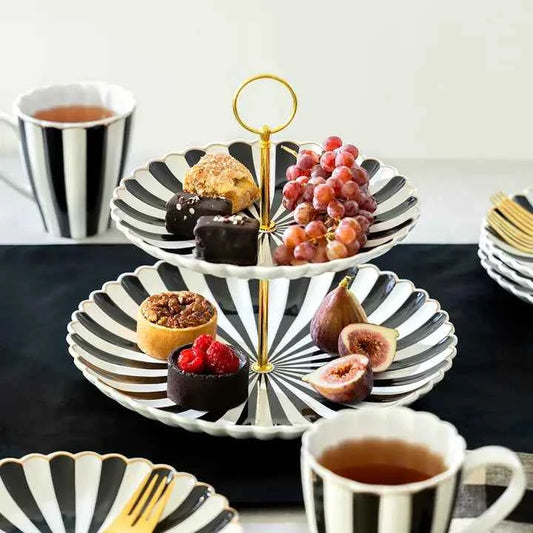 Black White Scallop Fine Porcelain 2-Tier Server