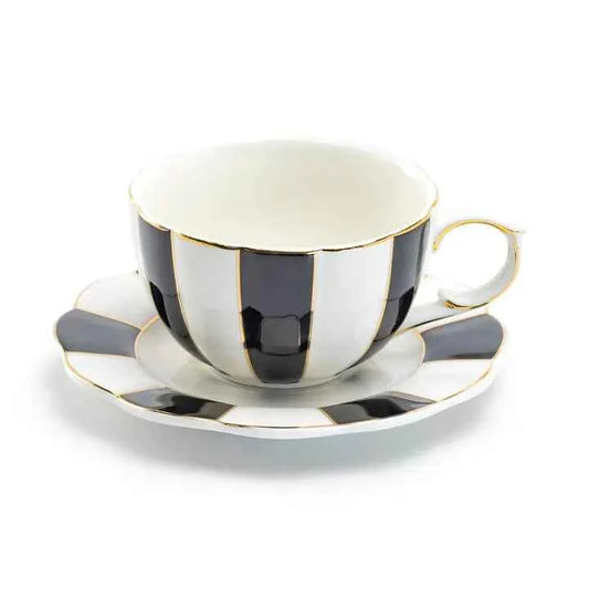 Black and White 7oz Scallop Fine Porcelain Tea Cup & Saucer