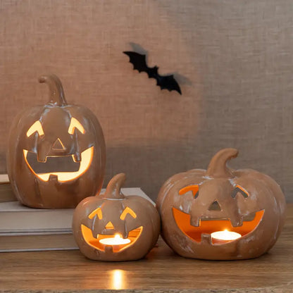 Halloween Pumpkin Candle Holder Set of 3 Resin Decor