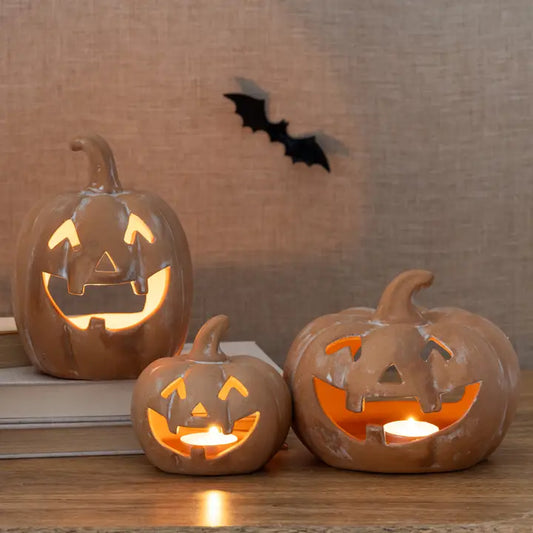 Halloween Pumpkin Candle Holder Set of 3 Resin Decor