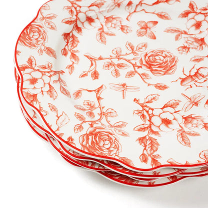 Red & White Rose Garden Salad Plates Set of 4 with Giftbox