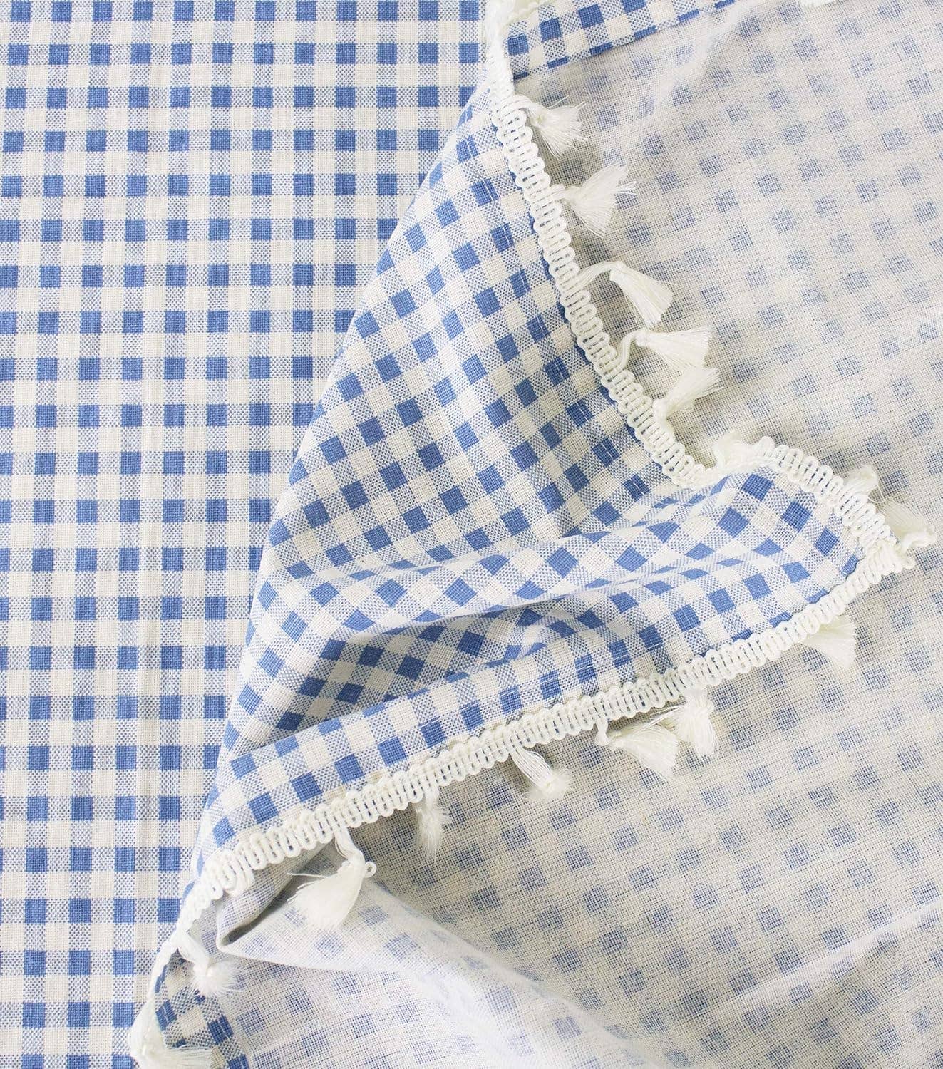 French Blue Rustic Gingham Tasseled Cotton Blend Tablecloth